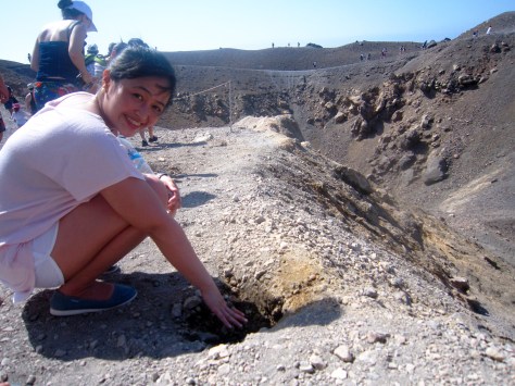 Mara getting a feel of Nea Kameni's sulfur vents