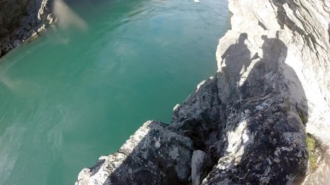 Near the end of the Roaring Meg leg, if you're tired of being prodded around by the water, you can engage in the Kiwi sport of clambering-over-crags-with-flippers and jump off the cliff rocks.