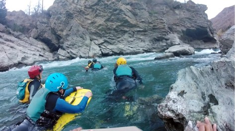 Getting ready to meet the first gush of water at the head of the Roaring Meg leg.